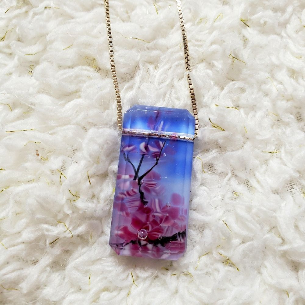 Sterling Silver Necklace with Floral scene glass pendant‎